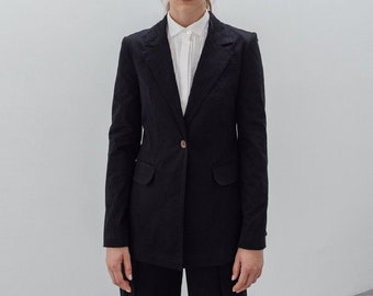 Black Linen Blazer with Notched Lapel - Long Sleeves Linen Blazer - Single Breasted Linen Blazer with Flap Pockets - Women Suit Set