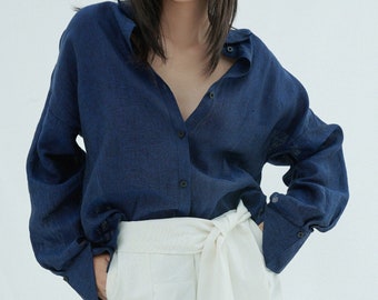 Plus Size Linen Shirt for Women - Long Bishop Sleeve Loose Linen Blouse - Linen Button Down