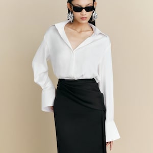 Bishop Long Sleeve Loose Silk Shirt - Oversize Silk Blouse with Collared - Summer Silk Blouse - Office Silk Blouse for Women