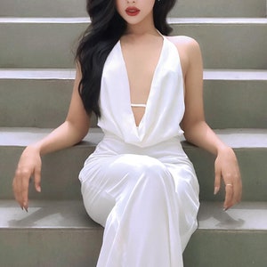 Low Plunge Cowl Neck Floor Length Dress - Backless Drape Halter Silk Maxi Dress in White - Prom Sexy Maxi Dress for Women