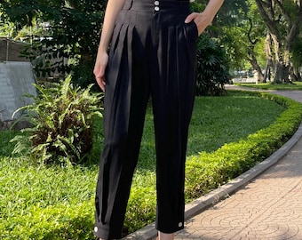Black Pleated Pants with Pockets - High Waist Pants with Cuff Bottoms