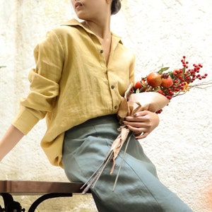 Oversized Linen Shirt - Long Sleeve Loose Linen Shirt - Oversize Linen Blouse - Women Linen Clothing - Notched Collar Linen Top - Handmade