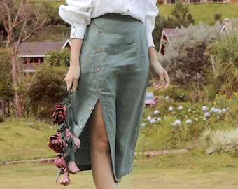 Linen Skirt - High Waisted Linen Skirt - Side Slit Linen Skirt with Buttons - Women Linen Skirt - Women Linen Clothing - Linen Set