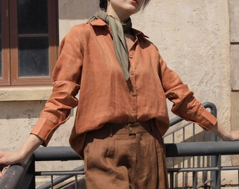 Modest Linen Shirt for Women - Bishop Sleeve Loose Linen Shirt - Oversize Linen Blouse - Women Linen Clothing