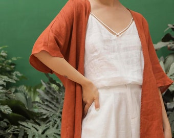 Loose Linen Jacket- Single Layer Linen Cardigan - Linen Oversize Blouse - Available in 30 Colors