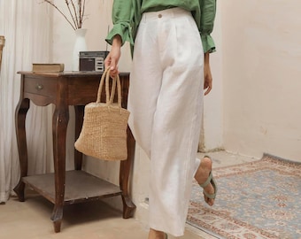 Linnen broek met wijde pijpen - Zachte casual losse grote broek - Oversized broek met rechte pijpen - Grote maten broek linnen - Linnenset