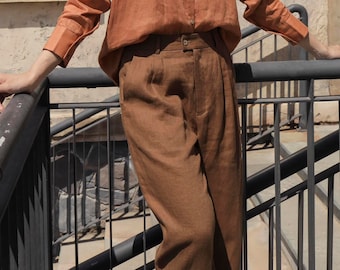 High Waisted Linen Pants with Pockets side - Straight Leg Linen Pants - Women Linen Trousers