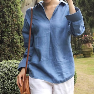 Bishop Sleeves Linen Shirt for Women - Loose Linen Blouse - V Neck Linen Top