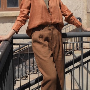 High Waisted Linen Pants with Pockets side - Straight Leg Linen Pants - Women Linen Trousers