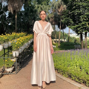 Oversize Maxi Dress - Open Back V Neck Dress with Angle Sleeve - Wedding Guest Floor Length Dress - Loose Silk Maxi Dress - High Waist Dress