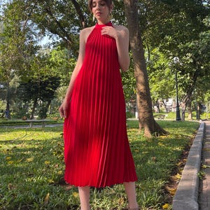 May include: A red pleated midi dress with a halter neckline. The dress is worn by a person standing in a park setting.