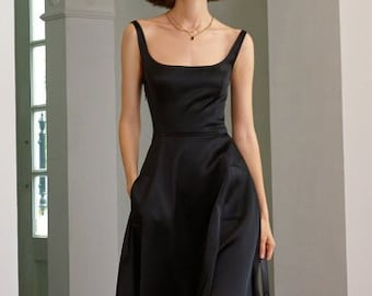 Flare zijden jurk - zijden jurk - jurk met vierkante halslijn - zomerjurk - avondjurk - midi-jurk met hoge taille - cadeau voor haar