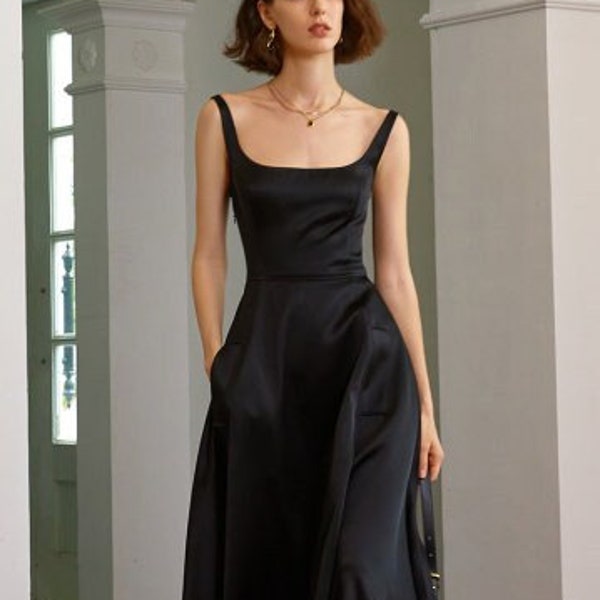 Flare Silk Dress - Silk dress - Square Neckline Dress - Summer dress - Evening Dress - High Waist Midi Dress - Gift for her