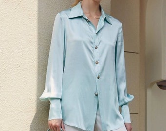 Blusa de manga larga con cuello Silk Bishop, Camisa de seda abotonada, Top vintage de mujer con cuello, Top de manga larga con cuello