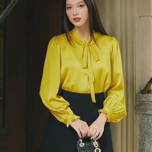 Yellow silk blouse, Simple long sleeves blouse ,Silk Satin Shirt , Bow tie silk satin blouse , Formal Silk blouse , Office blouse