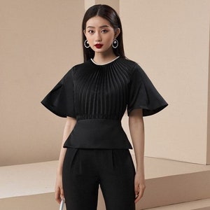 Pleated Silk Shirt in Black - Wide Sleeve Blouse for Women / Formal Silk Top