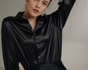 Silk shirt women, Black button up shirt, button down shirt, Casual office silk blouse, Collared silk top