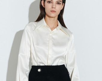 Camisa de oficina blanca de lujo, camisa de oficina, camisa extragrande de seda, diseño de blusa blanca, camisa de manga larga, ropa de mujer, camisa blanca, blusa
