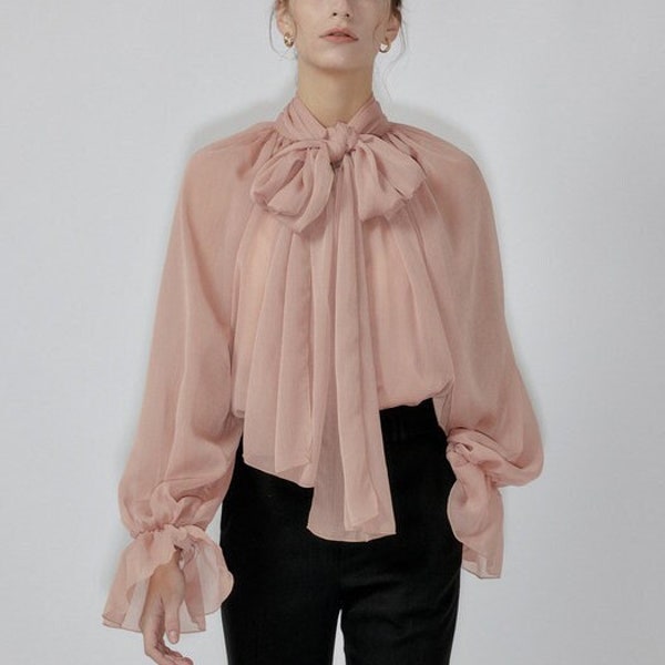 Long Sleeve Loose Organza Shirt - Bow Tie Neck Organza Top - Vintage Blouse - Office Blouse for Women - Loose Fitting Top