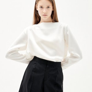 Seidenbluse für Frauen - Langarm Bluse - Seidenbluse - Schlichte Seidenbluse - Langarm Top-Geschenk für Sie - Weiße Bluse