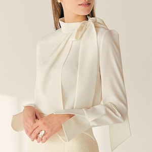 Seidenbluse mit drapierter Halsbindung und langen Ärmeln, maßgeschneidertes Damenoberteil für Büro, formelle oder elegante tägliche Kleidung, plissierte Seidenbluse