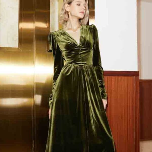 Vestido vintage de terciopelo para mujer, vestido midi, vestido de manga larga, vestido de corte A, vestido largo de invierno con botones, vestido midi para invitada de boda, vestido con vuelo.