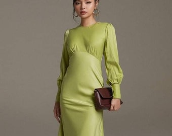 Bishop Long Sleeve Maxi Dress - Empire Waist Silk Dress for Women - Wedding Guest Dress