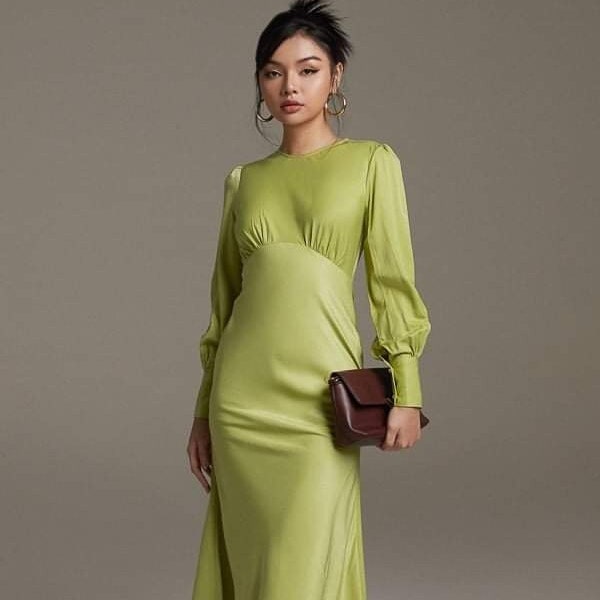 Bishop Long Sleeve Maxi Dress - Empire Waist Silk Dress for Women - Wedding Guest Dress