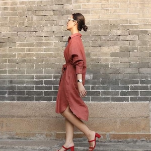 Oversized Linen Shirt Dress - Long Bishop Sleeves Linen Shirtdress - Linen Midi Dress with Curved Hem