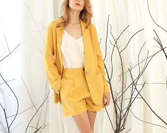 Linen 2 Piece Women Suit in Yellow - Linen Blazer - Linen Shorts - Linen Camisole