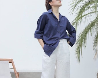Oversize Loose Linen Shirt in Navy Blue - Basic Linen Women Blouse