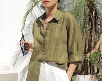 Pull ample à manches longues Pull-over d'été T-shirt basique Solid Cotton Linen Shirts Tops Pull ample à manches longues Pull-over d'été T-shirt basique Solid Cotton Linen Shirts Tops