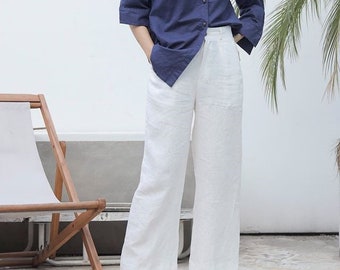 Casual Linen Pants in White - Elastic Back Comfort Waist Pants