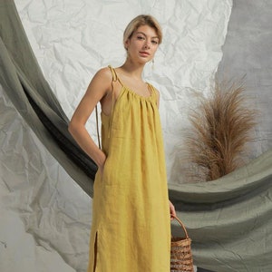 Oversized Spaghetti Strap Linen Dress with Side Slit - Loose Linen Slip Dress Pockets - Self Tie Shouder Linen Dress - Linen Strappy Dress