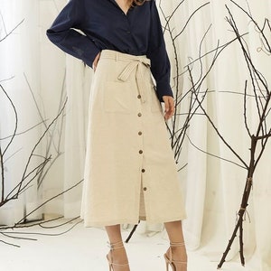 Linen Skirt with Front Buttons and Tie