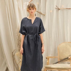 Tie Waist Loose Linen Dress in Dark Navy - Available in 50 Colors