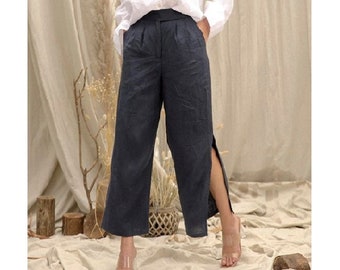 Linen Palazzo Pants with Side Slit - Wide Leg Linen Pants with Pockets