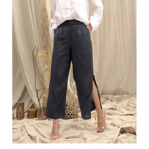 Linen Palazzo Pants with Side Slit - Wide Leg Linen Pants with Pockets