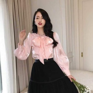 Long Sleeve Loose Organza Shirt - Crew Neck Organza Top - Summer Organza Blouse - Office Blouse for Women - Button Up Shirt Women