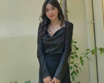 Cowl Neck Silk Blouse with Long Sleeves in Black - Loose Silk Shirt for Women