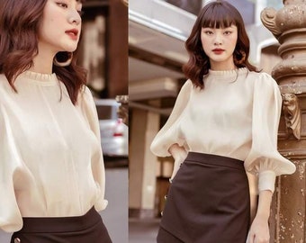 Bishop Sleeve Loose Organza Shirt - Oversize Organza Blouse with Frill Crew Neck - Office Summer Blouse for Women