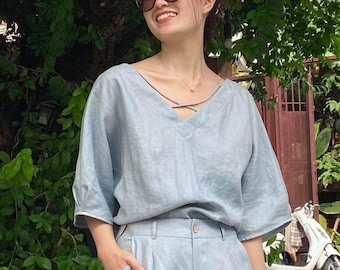 Oversized Linen Top - V Neck Linen Top - 3/4 Sleeves Linen Top