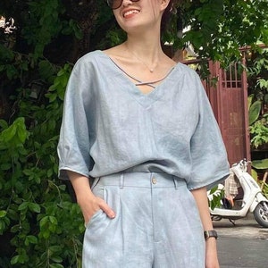 Oversized Linen Top - V Neck Linen Top - 3/4 Sleeves Linen Top