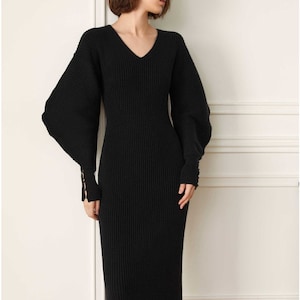 Black Bishop Sleeve Women Dress, Midi V Neckine Dress, Long Sleeves Dress, Fall Winter Long Dress, Wedding Guest Midi dress