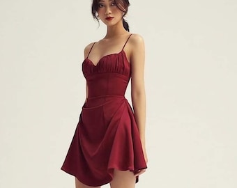 A Line Wedding Guest Mini Dress with Sleeveless and Sweetheart Pleated Neck in Wine