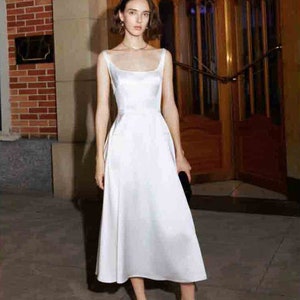 White Flare Silk Dress - Silk dress - Square Neckline Dress - Summer dress - Evening Dress - High Waist Midi Dress - Gift for her