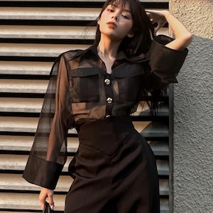 Black Sheer Organza Blouse, See Through Button Up Shirt with Pockets, Wide Sleeve Transparent Top, Edgy Modern Utility Evening Outfit