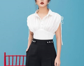 Pleated Silk Shirt - Loose Silk Blouse with Collared - Summer Silk Blouse - Office Silk Blouse for Women - Shirt for Women