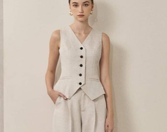 Gilet en lin femme, débardeur en lin, débardeur en lin, gilet de cérémonie en lin, gilet femme, gilet en lin vintage, gilet bohème haut sans manches