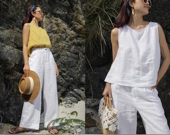 Linnen broek met rechte pijpen - zachte casual losse grote broek - oversized broek met wijde pijpen - op maat gemaakte grote maten broek linnen - linnen set